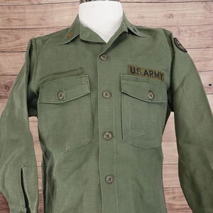 VINTAGE SHIRT UTILITY COTTON SATEEN OG 107 MILITARY ARMY GREEN SHIRT 15.5 X 31